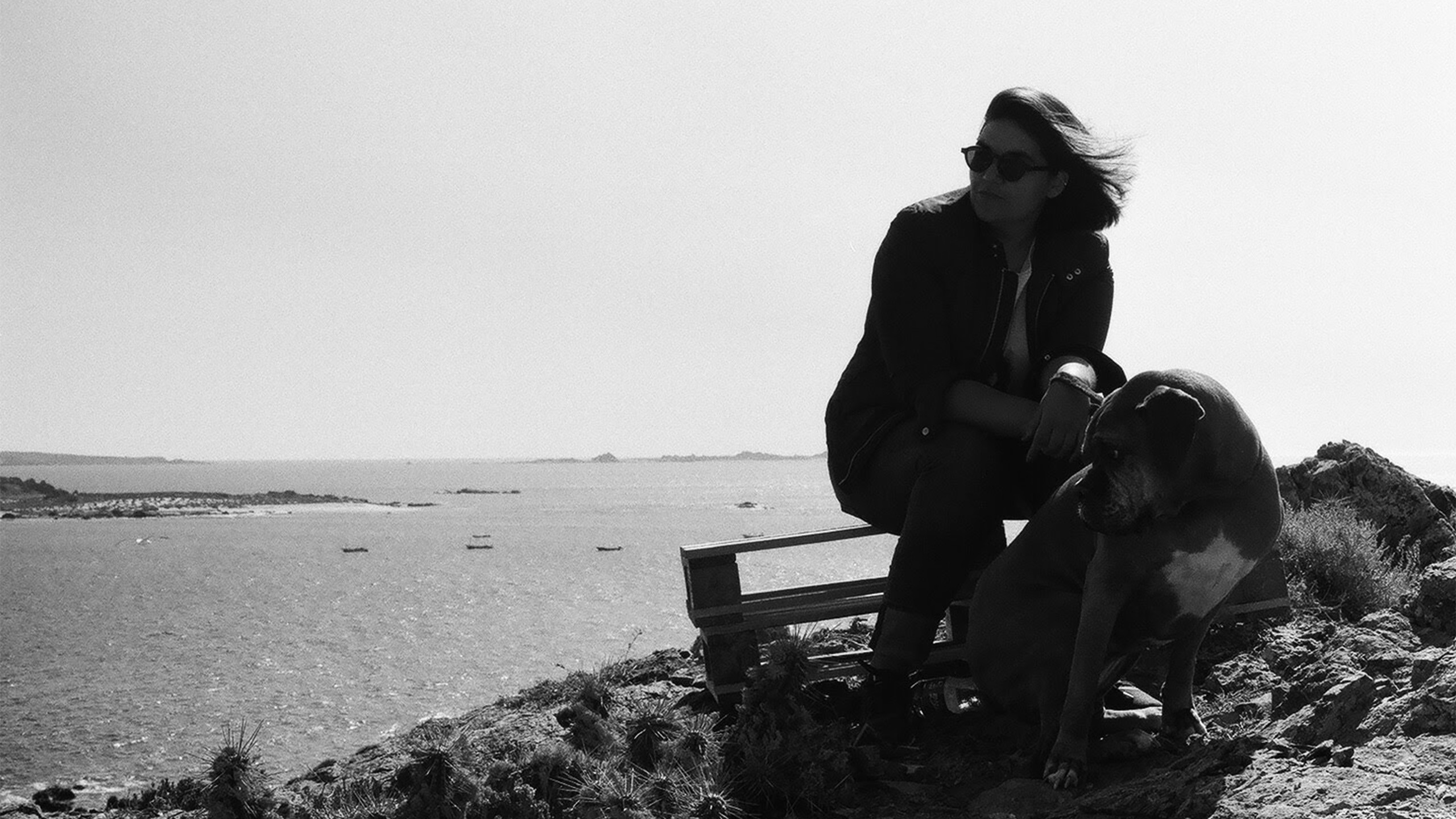 Persona con su perro en un mirador costero en blanco y negro